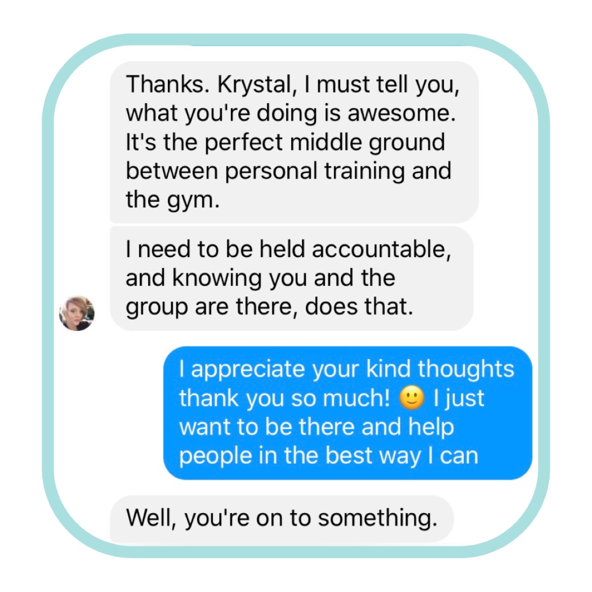 Text message testimonial praising fitness program