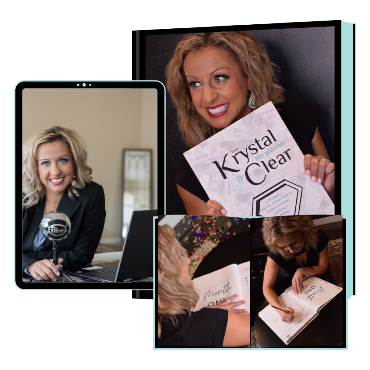 Podcast microphone with planner book and book signing collage